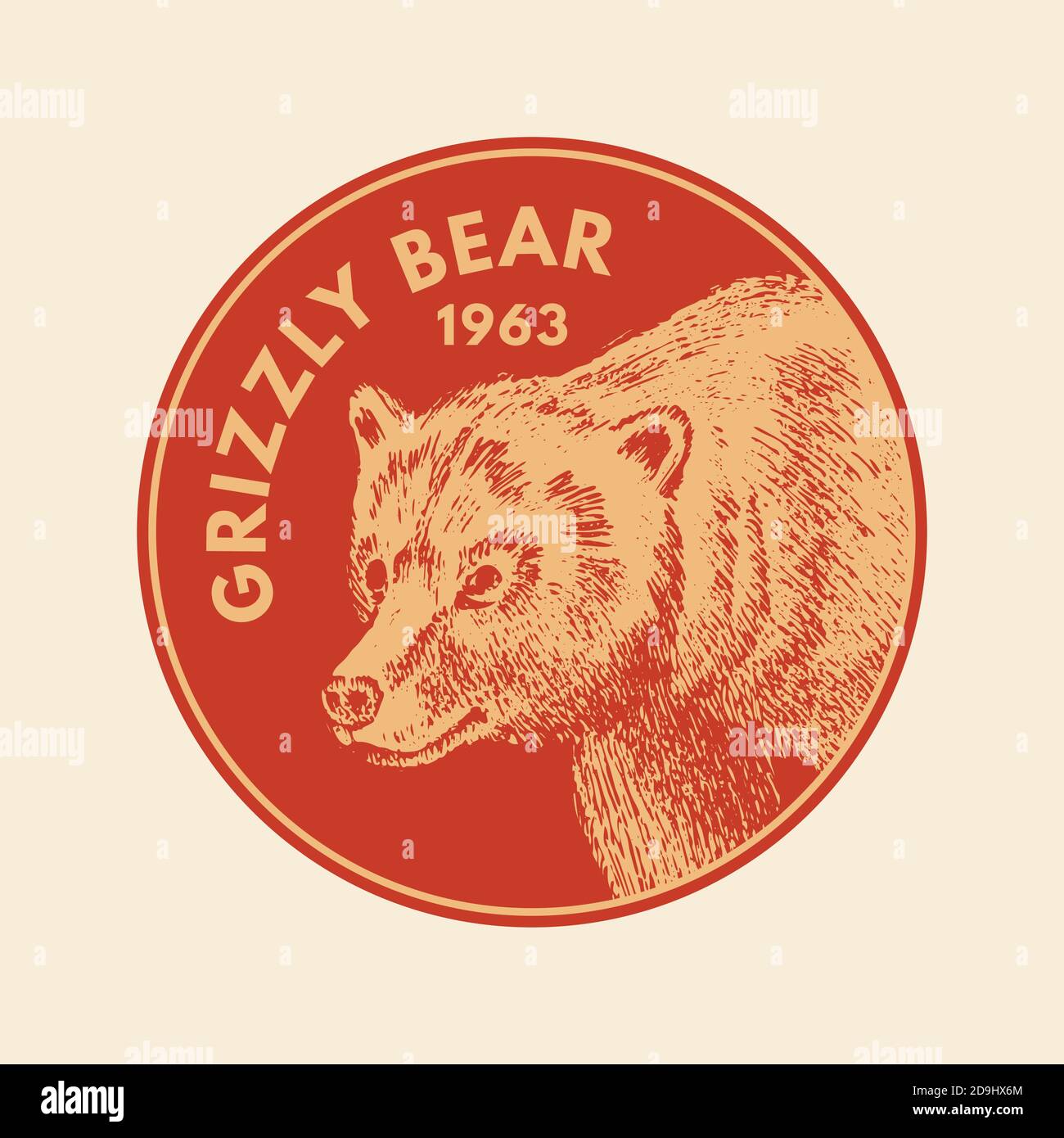 Adesivi per animali selvatici in stile vintage. Foresta orso bruno grizzly. Badge o etichetta monocromatica retrospettiva. Bestie del Nord Europa. Schizzo disegnato a mano. Illustrazione Vettoriale