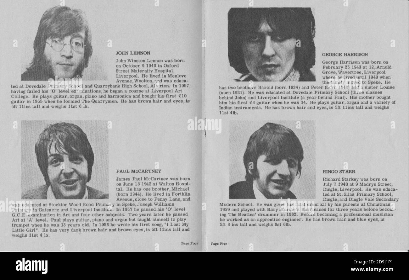 Libretto consegnato ai membri del fan club dei Beatles. Foto Stock