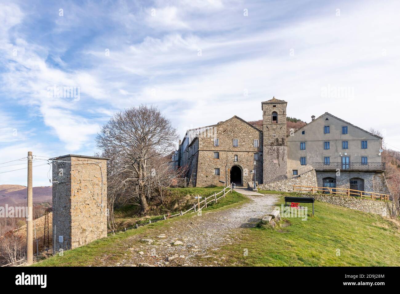 Il Santuario dei Santi Pellegrino e Bianco a San Pellegrino in Alpe, confine con la Toscana Emilia Romagna, Italia Foto Stock
