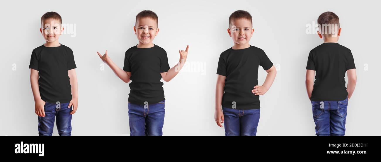 Mockup di t-shirt nera per bambini su ragazzo sorridente, casual per  bambini isolato su sfondo. Un modello per abbigliamento di marca per una  junior, per i presen Foto stock - Alamy