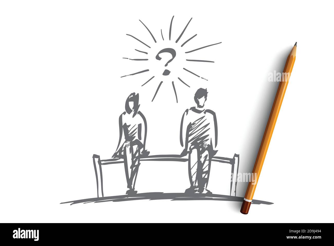 Vettore mano disegnata scacchi coppia concetto di domanda schizzo con matita su di esso. Uomo e donna seduti su una panchina con spazio tra loro Illustrazione Vettoriale