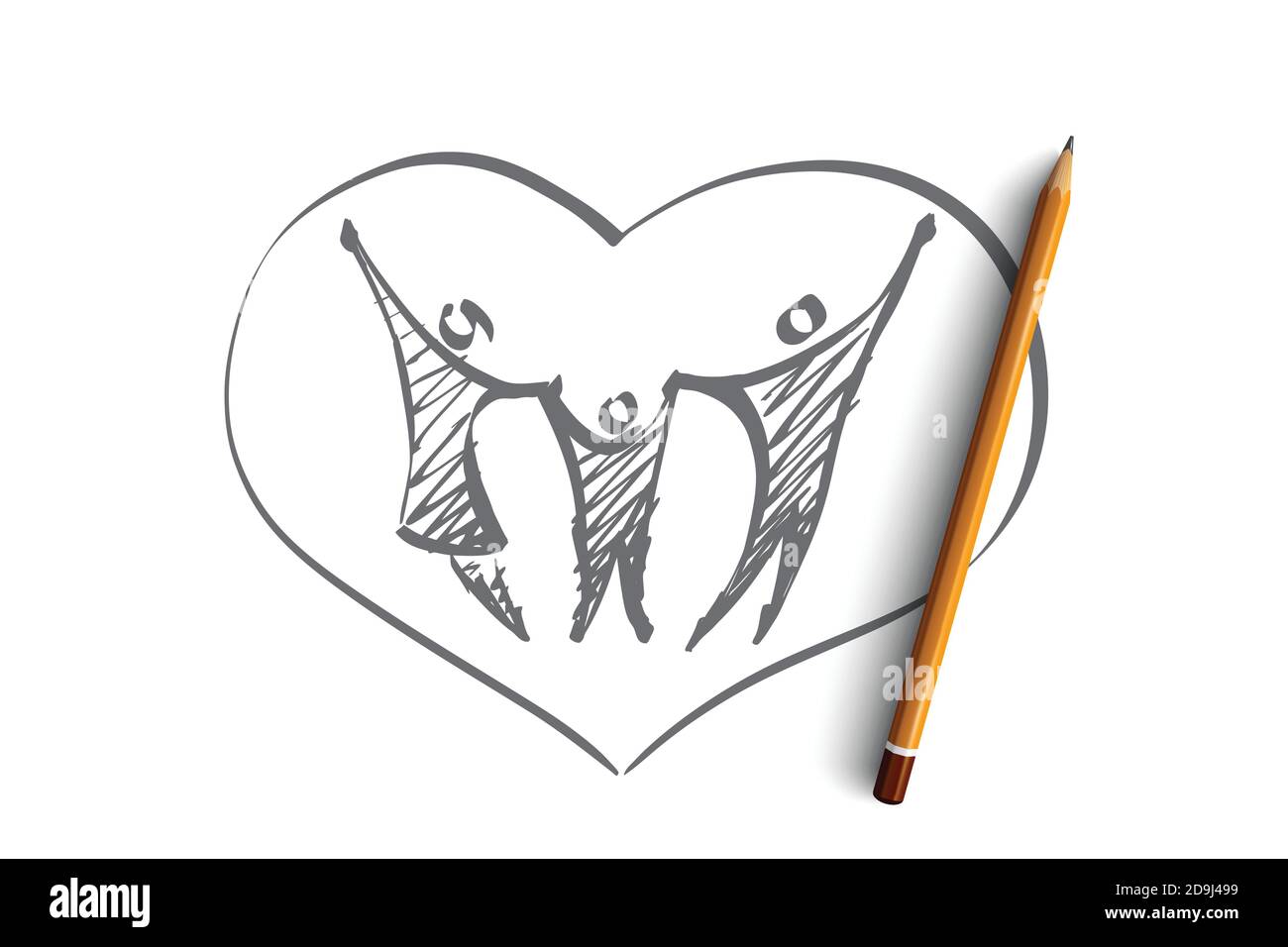 Disegno vettoriale del concetto di cuore di famiglia disegnato a mano con una matita sopra di esso. Padre, madre e bambino si tengono a vicenda con mani sollevate nel cuore Illustrazione Vettoriale