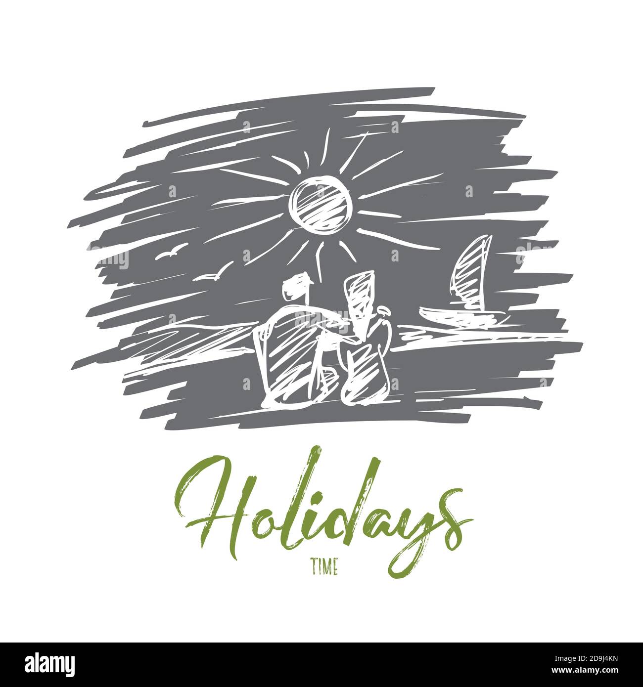 Schizzo del concetto di tempo delle vacanze disegnate a mano dal vettore. Coppia seduta sulla spiaggia vicino al mare, guardando lo yacht e godendo le vacanze, vista posteriore. Scritta vacanza Illustrazione Vettoriale