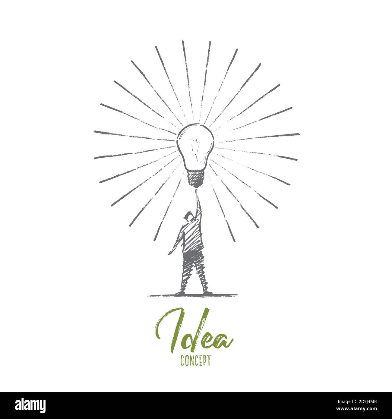 Schizzo del concetto di idea disegnata a mano dal vettore. Uomo in piedi e toccando grande luce brillante lampadina sulla mano rialzata che significa ottenere grande idea. ID caratteri Illustrazione Vettoriale
