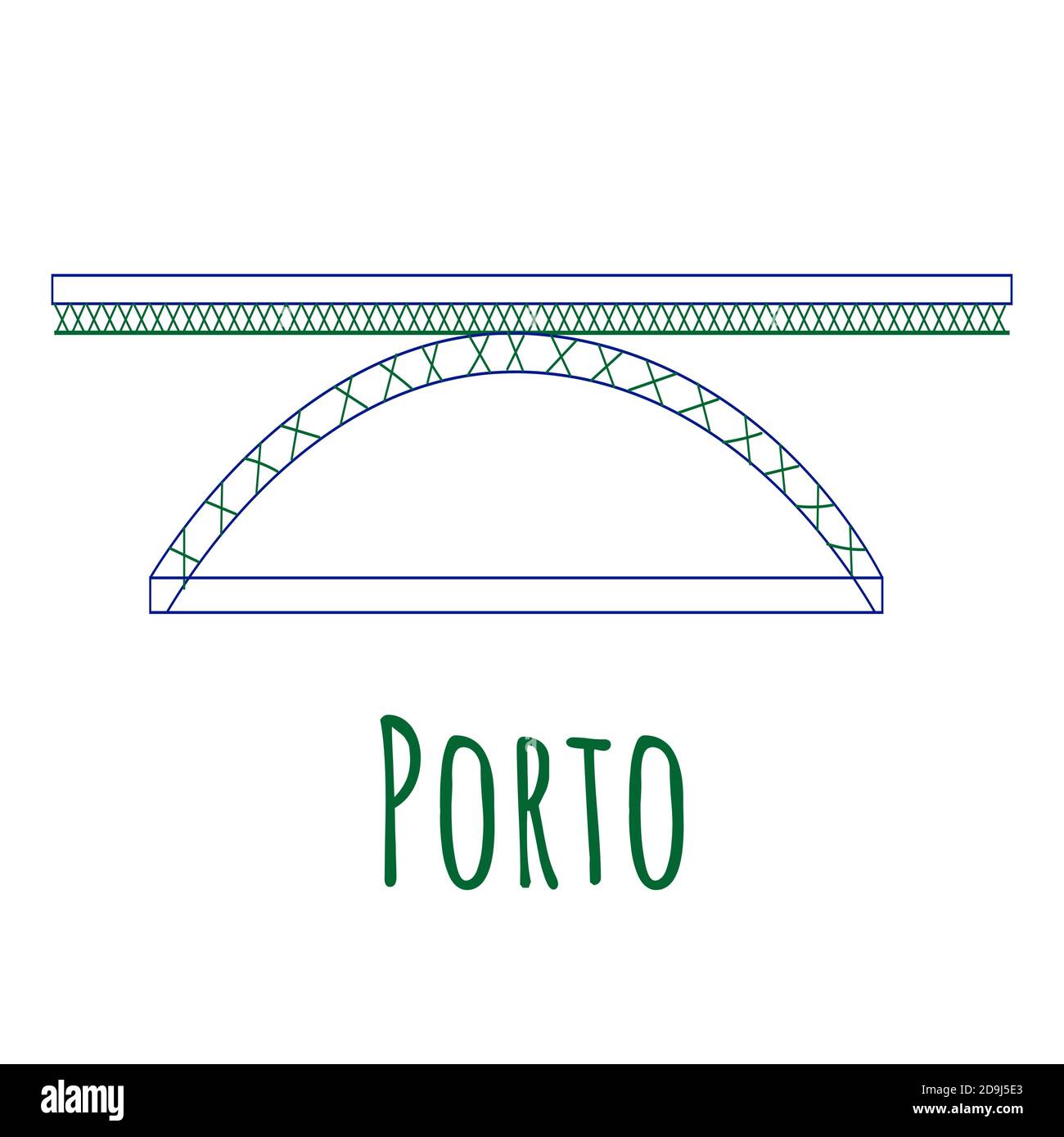 Ponte in metallo a due piani, stile piatto, simbolo di Porto. Icona del punto di riferimento per i viaggiatori. Illustrazione vettoriale isolata su sfondo bianco Illustrazione Vettoriale