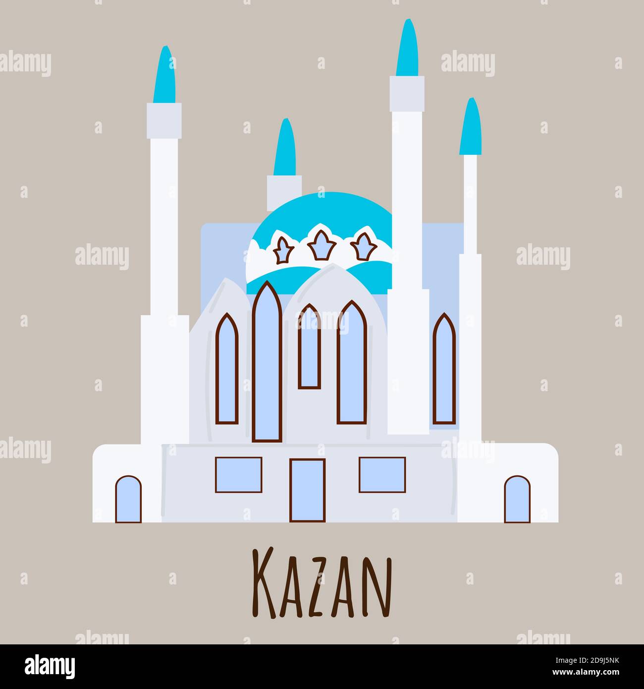 Moschea in stile piatto, simbolo di Kazan. Icona del punto di riferimento per i viaggiatori. Illustrazione vettoriale isolata su sfondo grigio. Illustrazione Vettoriale