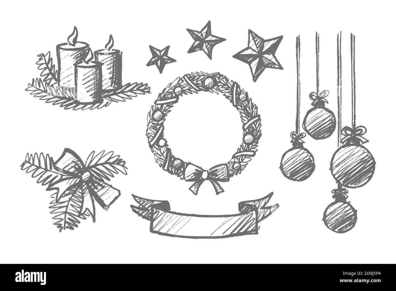 Disegno vettoriale del concetto di Natale disegnato a mano. Candele, nastri, palle appese, stelle di decorazione, corona ornata e prua con isolo ramo abeti Illustrazione Vettoriale