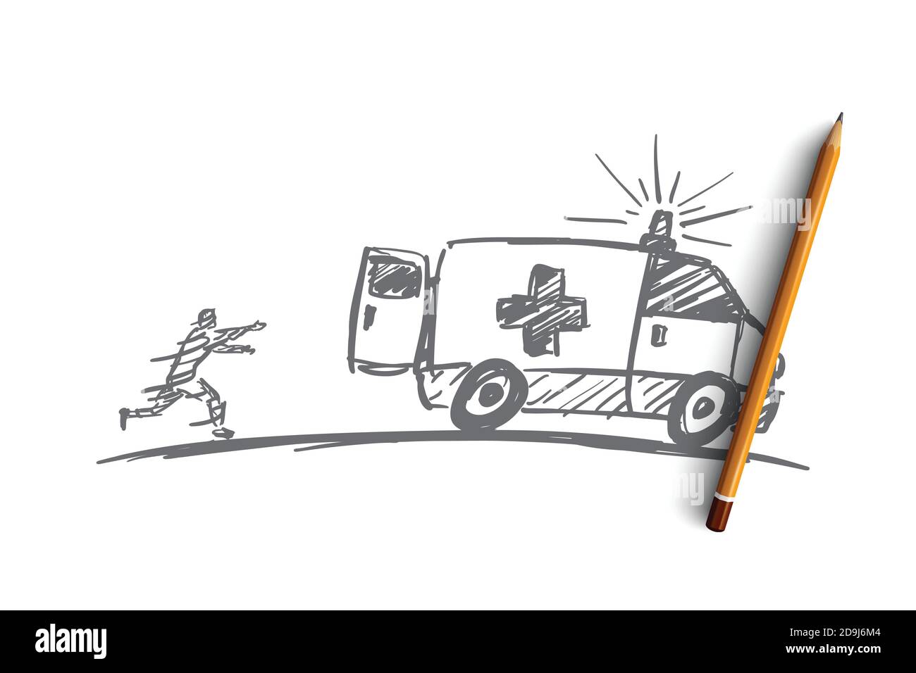 Uomo disegnato a mano cercando di raggiungere l'auto ambulanza Illustrazione Vettoriale
