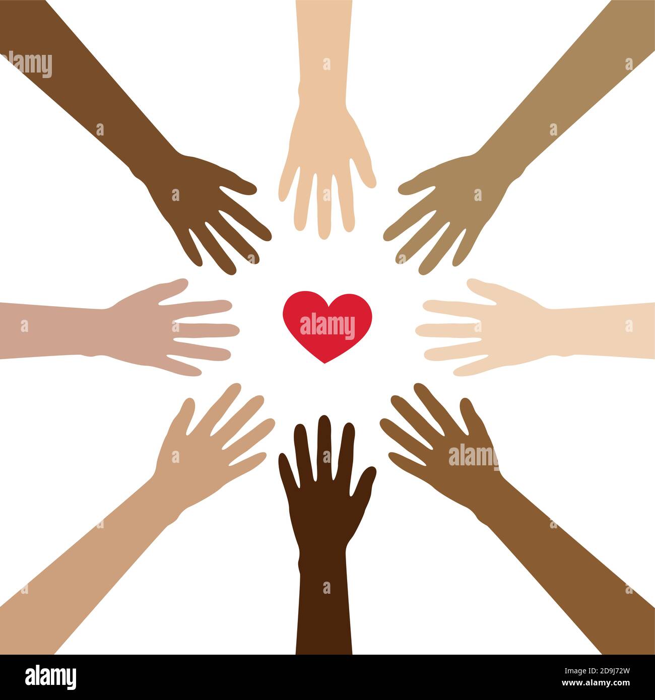 gruppo di mani umane con diversi colori della pelle costruire un Cerchio intorno al vettore cardiaco EPS10 Illustrazione Vettoriale