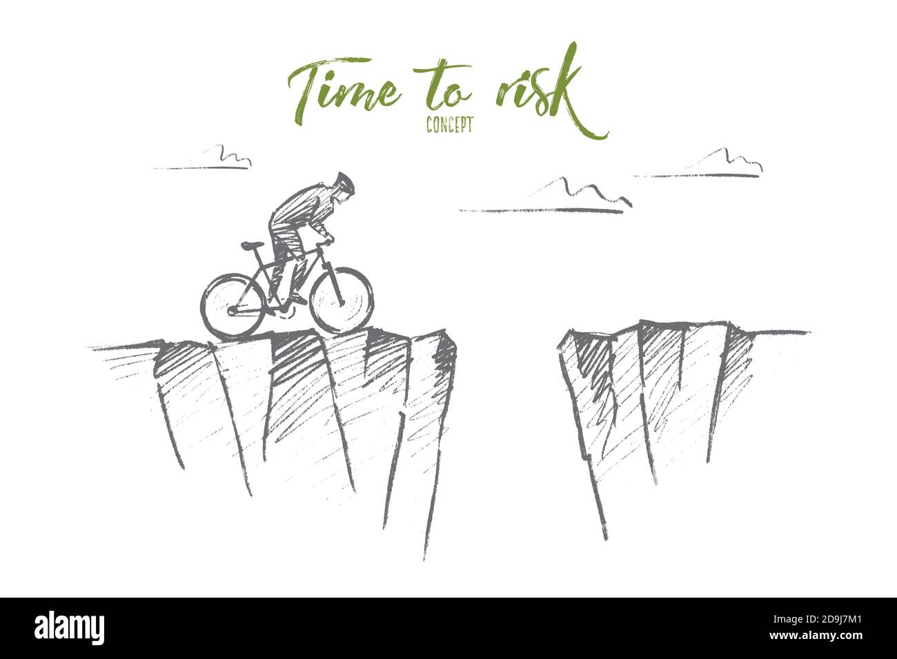 Ciclista disegnata a mano pronta a rischiare e saltare oltre il gap Illustrazione Vettoriale