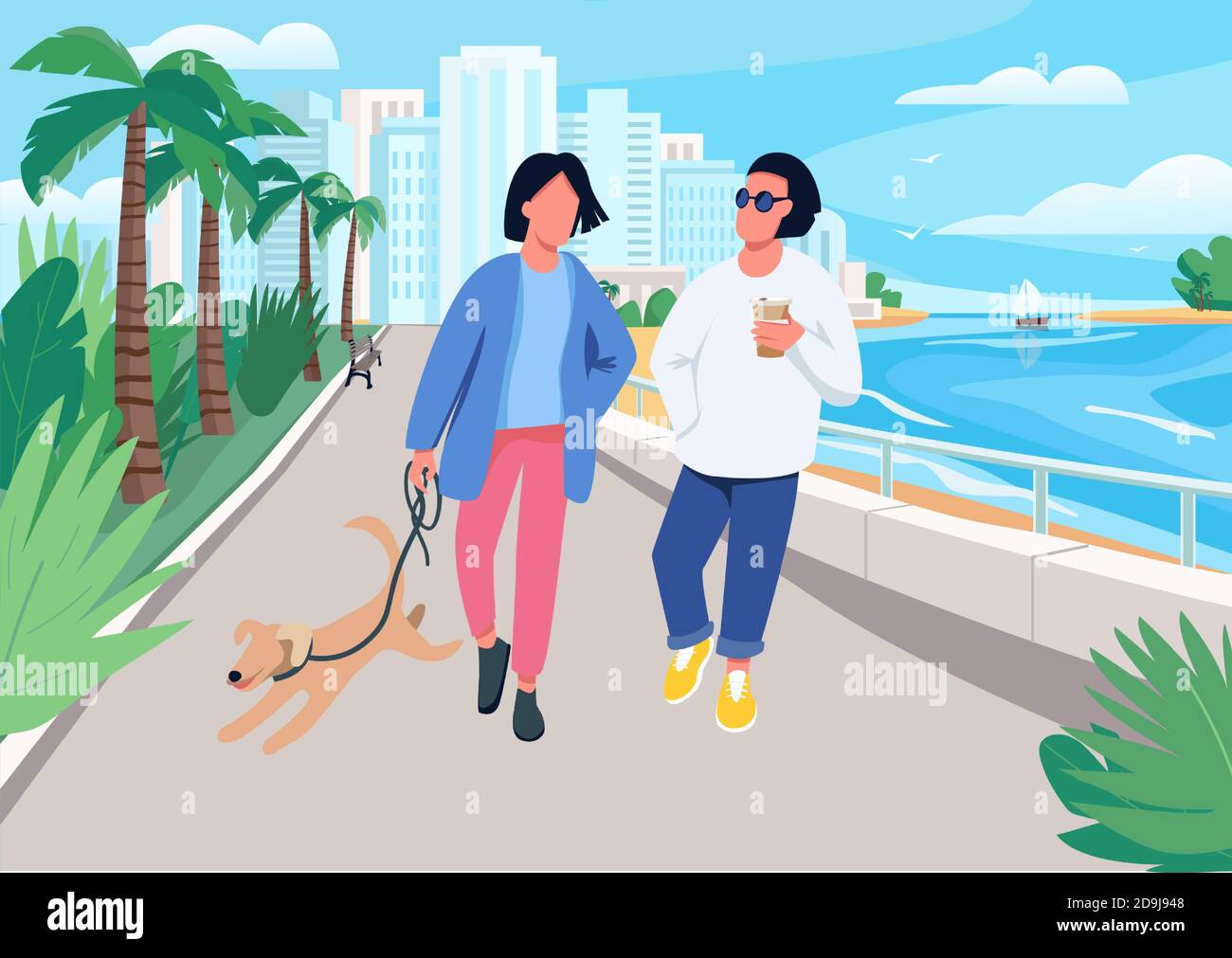 Coppia con il cane che cammina lungo mare piatto colore illustrazione vettoriale Illustrazione Vettoriale
