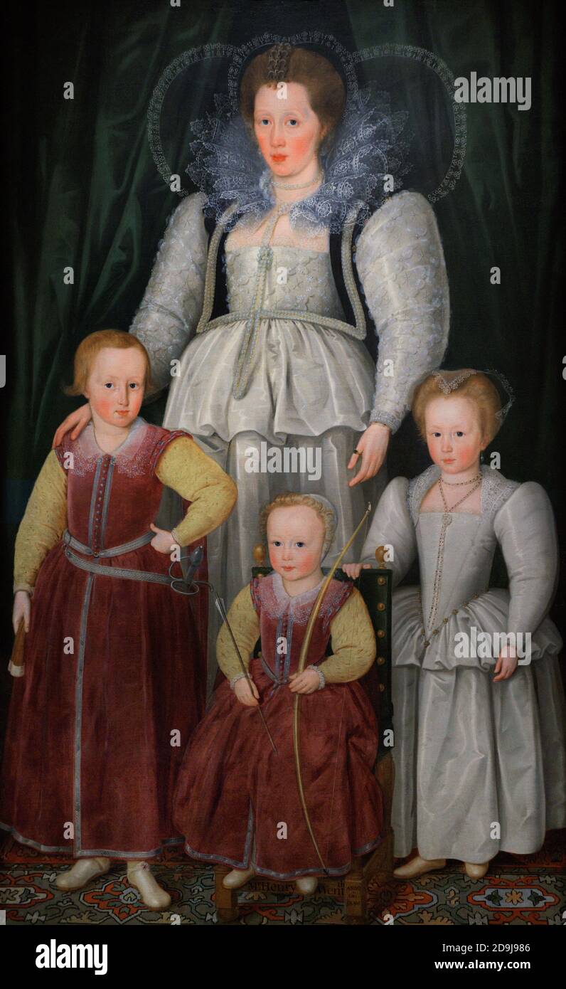Anna, Signora Papa con i suoi figli (Thomas Wentworth, i conte di Cleveland; Henry Wentworth; Jane Wentworth). Ritratto di Marcus Gheeraerts il giovane (1561-1636). Anne Pope (1561-1625) era la figlia di Sir Owen Hopton, tenente della Torre di Londra. Olio su tela, 1596. National Portrait Gallery. Londra, Inghilterra, Regno Unito. Foto Stock