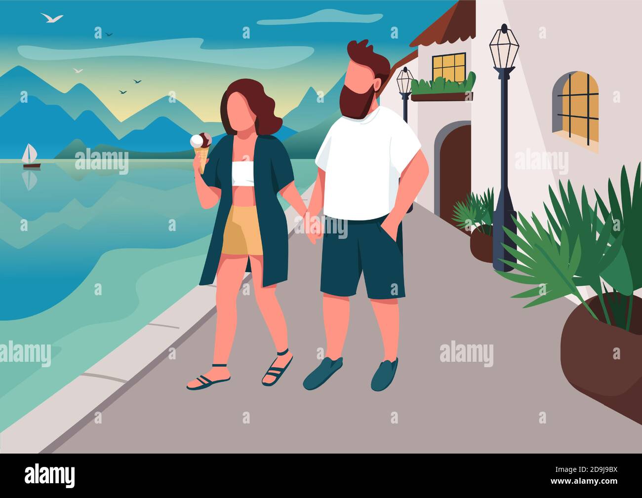 Coppia camminando sul lungomare piatto colore illustrazione vettoriale Illustrazione Vettoriale