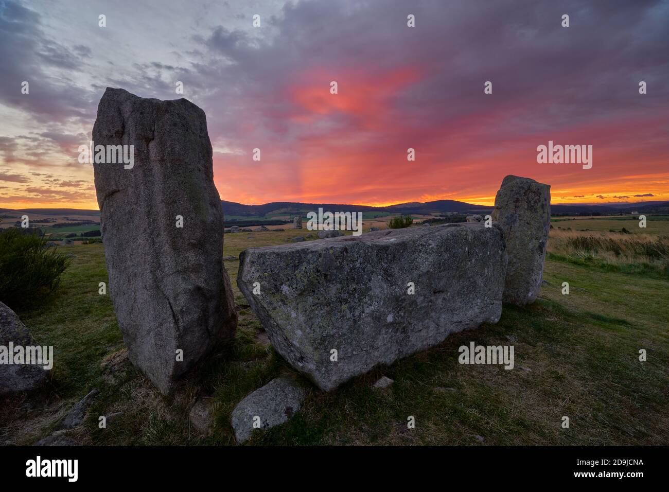 Tomnaverie Recumbent Stone Circle, Tarland, Aberdeenshire, Scozia all'alba Foto Stock