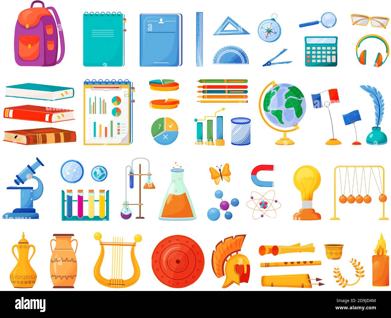 Materie scolastiche e fornisce set di oggetti vettoriali a colori piatti  Immagine e Vettoriale - Alamy