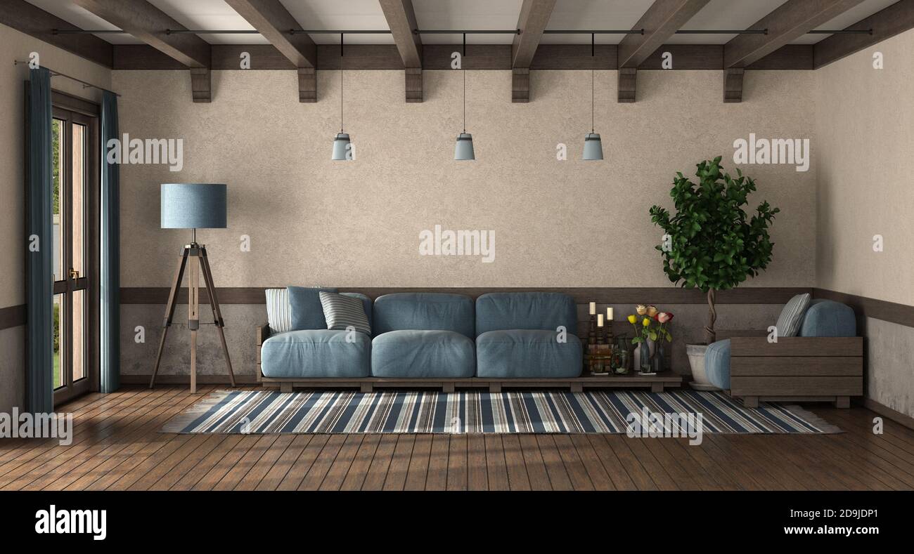 Soggiorno in stile retrò con divano in legno con cuscino blu - rendering 3d Foto Stock