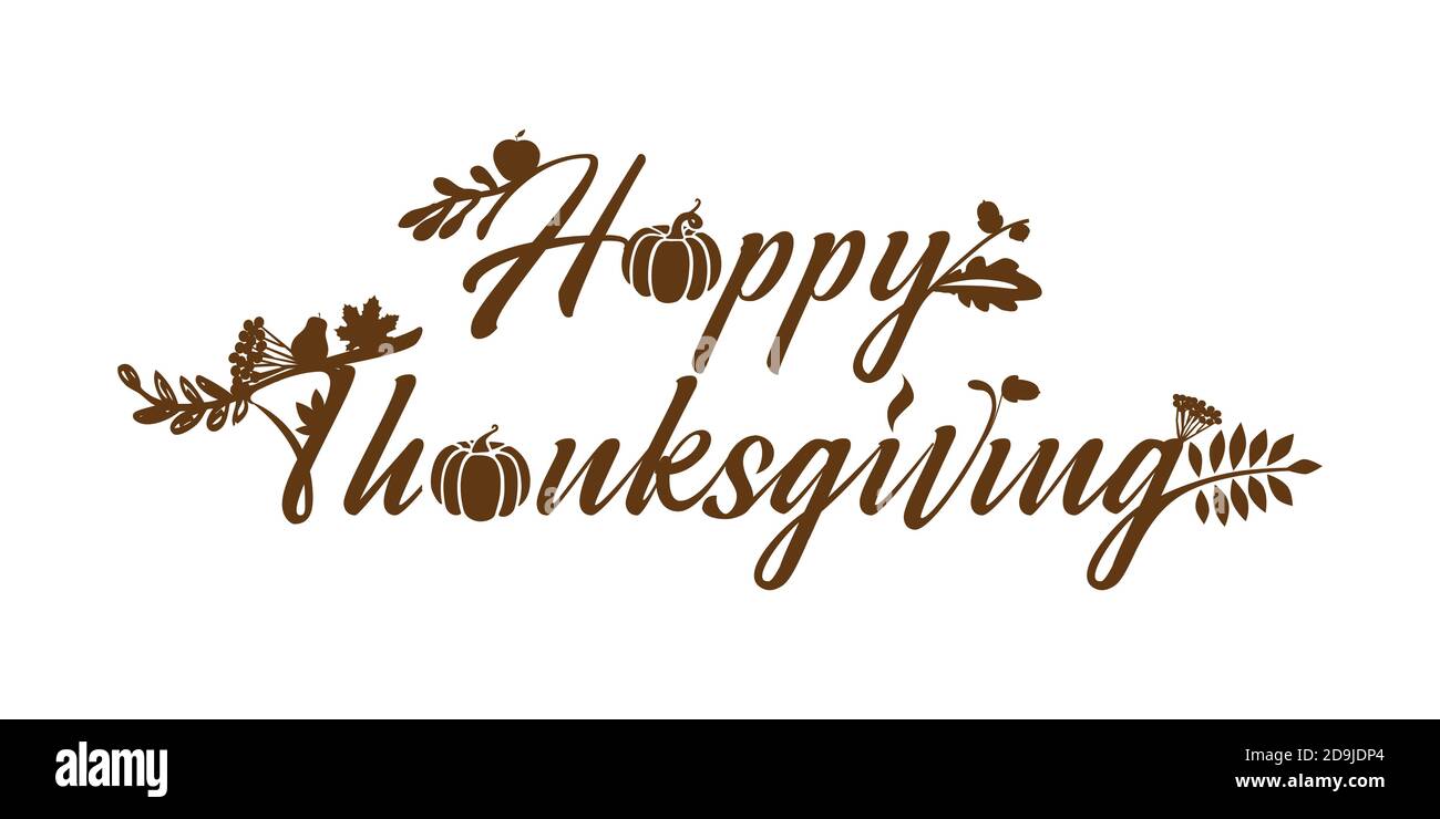 Felice giorno del Ringraziamento scritta vacanza. Congrati creativi con le zucche. Decorazione carina in stile monocromatico. Simbolo dell'arte decorativa. Abstra isolata Illustrazione Vettoriale
