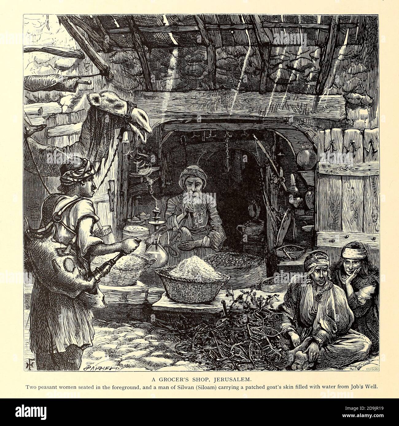 Negozio di generi alimentari, Gerusalemme. Dal libro pittoresco Palestina, Sinai, ed Egitto dal colonnello Wilson, Charles William, Sir, 1836-1905. Pubblicato a New York da D. Appleton and Company nel 1881 con incisioni in acciaio e legno da disegni originali di Harry Fenn e J. D. Woodward Volume 1 Foto Stock