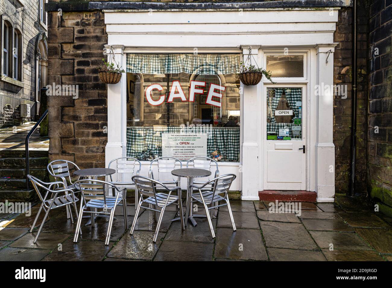 La classica vista del Sid's Cafe, Holmfirth, West Yorkshire Foto Stock