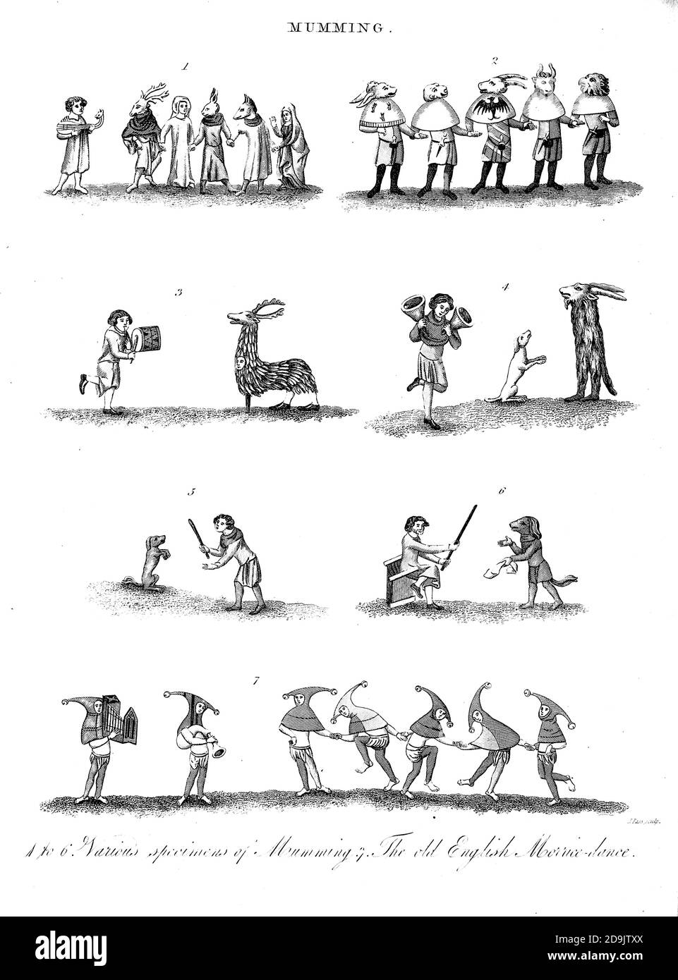 Mumming o Mummers' plays sono opere folk eseguite da troupe di attori dilettanti, tradizionalmente tutti maschi, noti come mummers o guisers (anche da nomi locali come rimeri, pace-eggers, soulers, tiratori, wrenboys, e galoshins). Incisione su copperplate dell'Enciclopedia Londinensis OR, dizionario universale delle arti, delle scienze e della letteratura; Volume XVI; a cura di Wilkes, John. Pubblicato a Londra nel 1819 Foto Stock