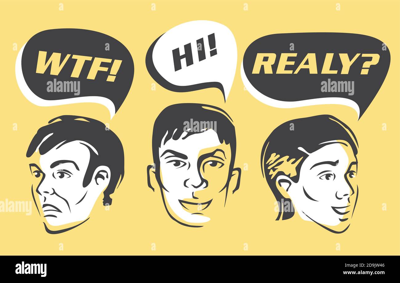Set di personaggi in stile fumetto con bolle vocali e diverse emozioni ed espressioni facciali. Ritratti di persone di cartoni animati vettoriali. Grafico MAN. Illustrazione Vettoriale