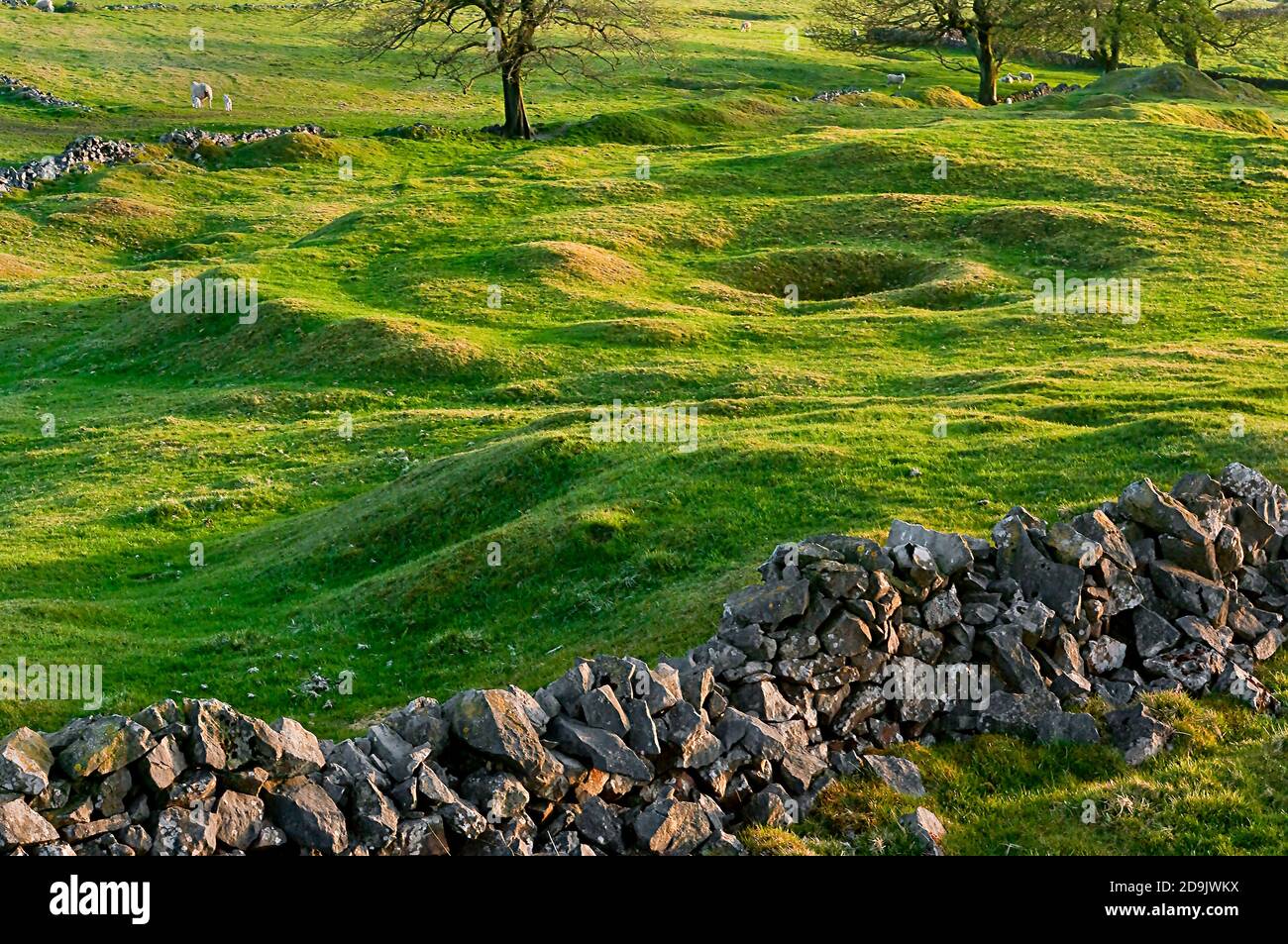 Spettacolari resti di un cerchio di gin a cavallo presso la miniera di piombo Claytons Ground su Moss Rake vicino a Castleton, evidenziato dal sole del tardo pomeriggio. Foto Stock