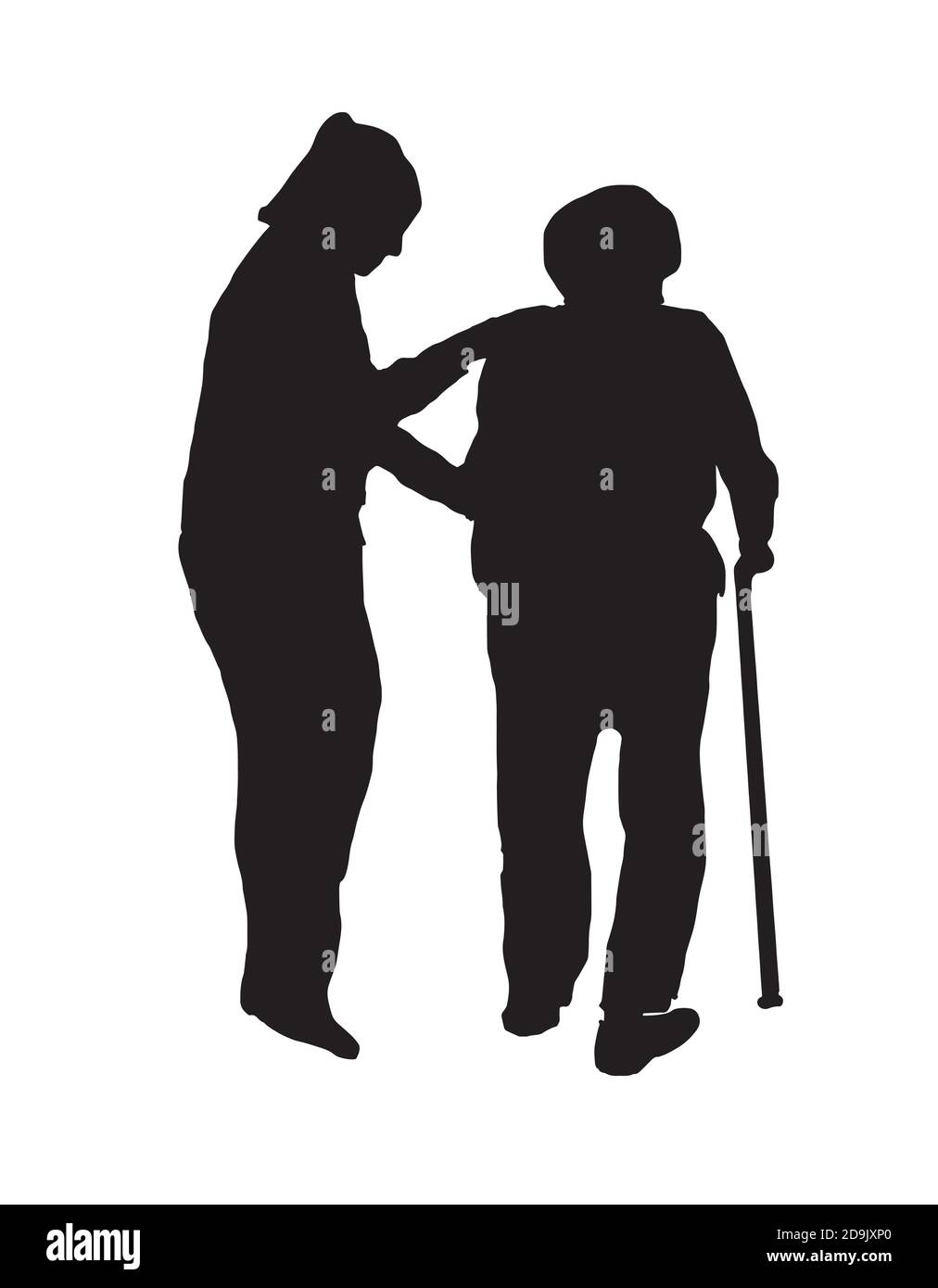 Infermiere o lavoratore volontario che si prende cura di una donna anziana. Illustrazione Vettoriale