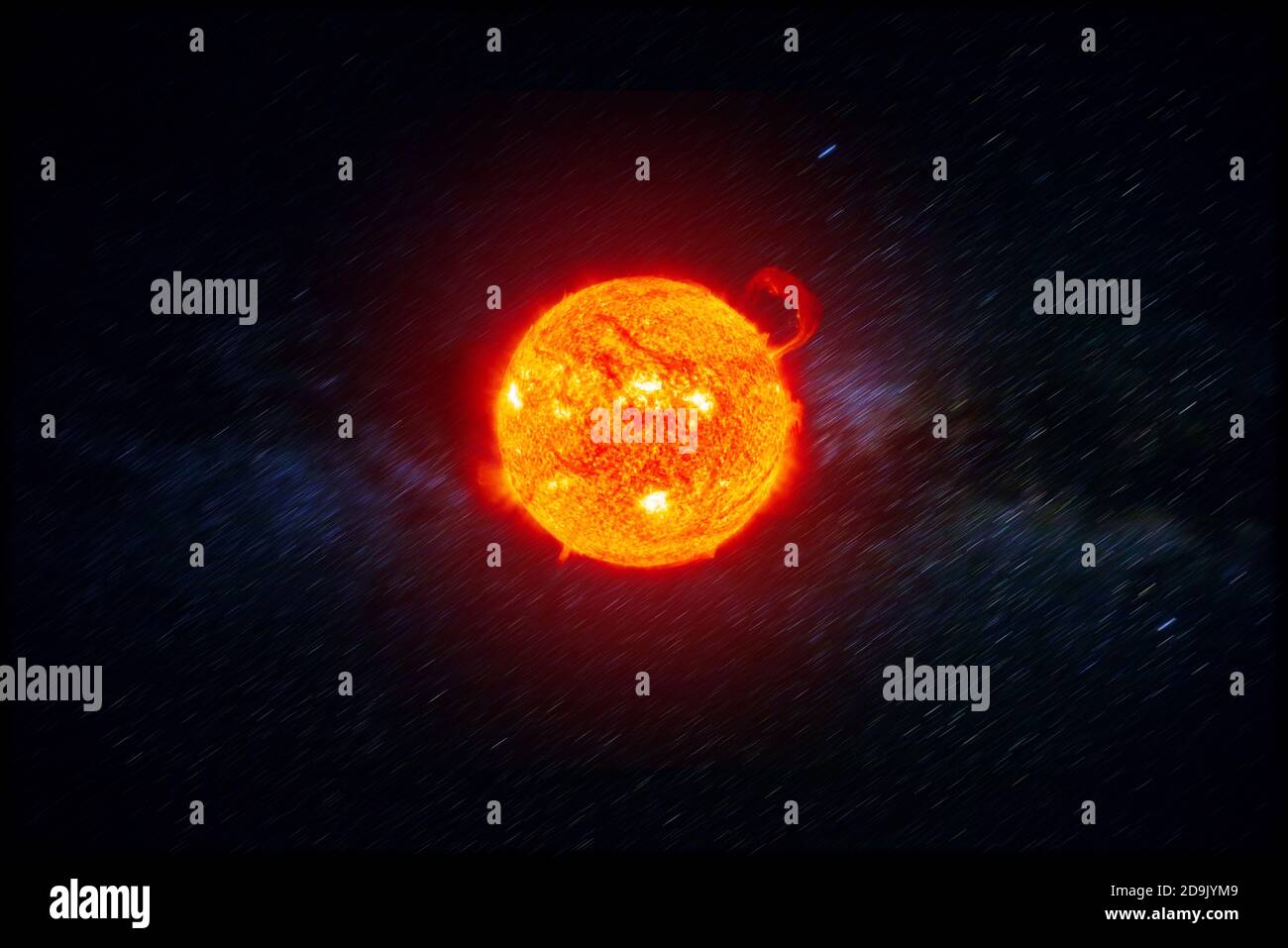 Sole potente nello spazio. Ala prominenza solare sul sole, radiazione solare. La corona solare sullo sfondo del modo lattiginoso. Elementi di questo Foto Stock