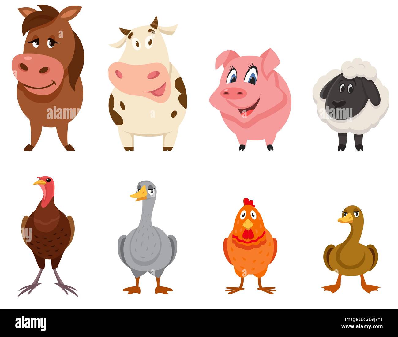 Set di animali da fattoria vista frontale. Personaggi femminili in stile cartoon. Illustrazione Vettoriale