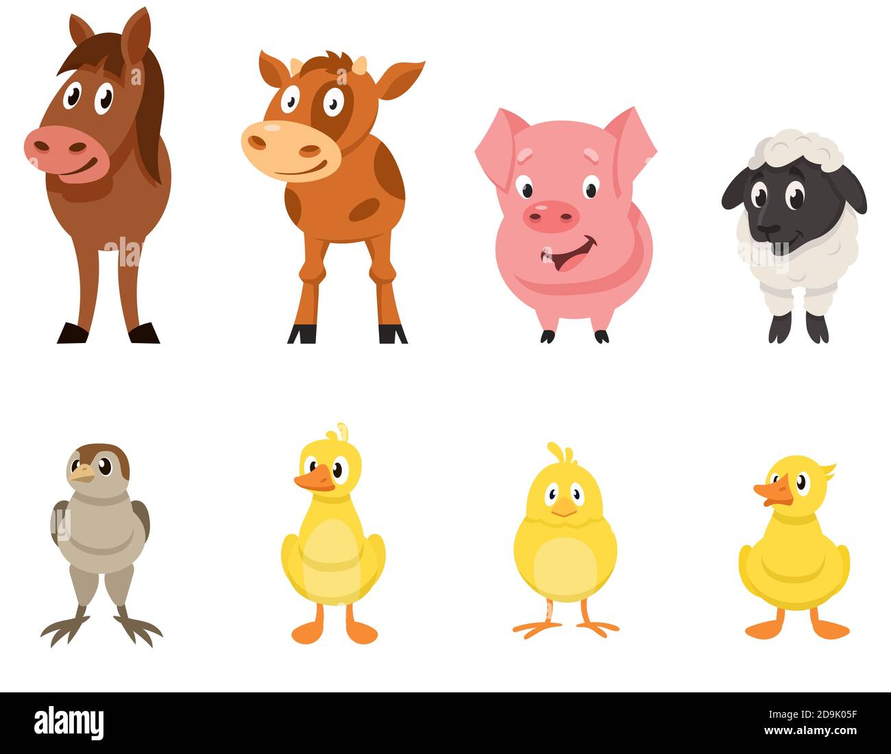 Set di animali da fattoria vista frontale. Personaggi giovani in stile cartoon. Illustrazione Vettoriale
