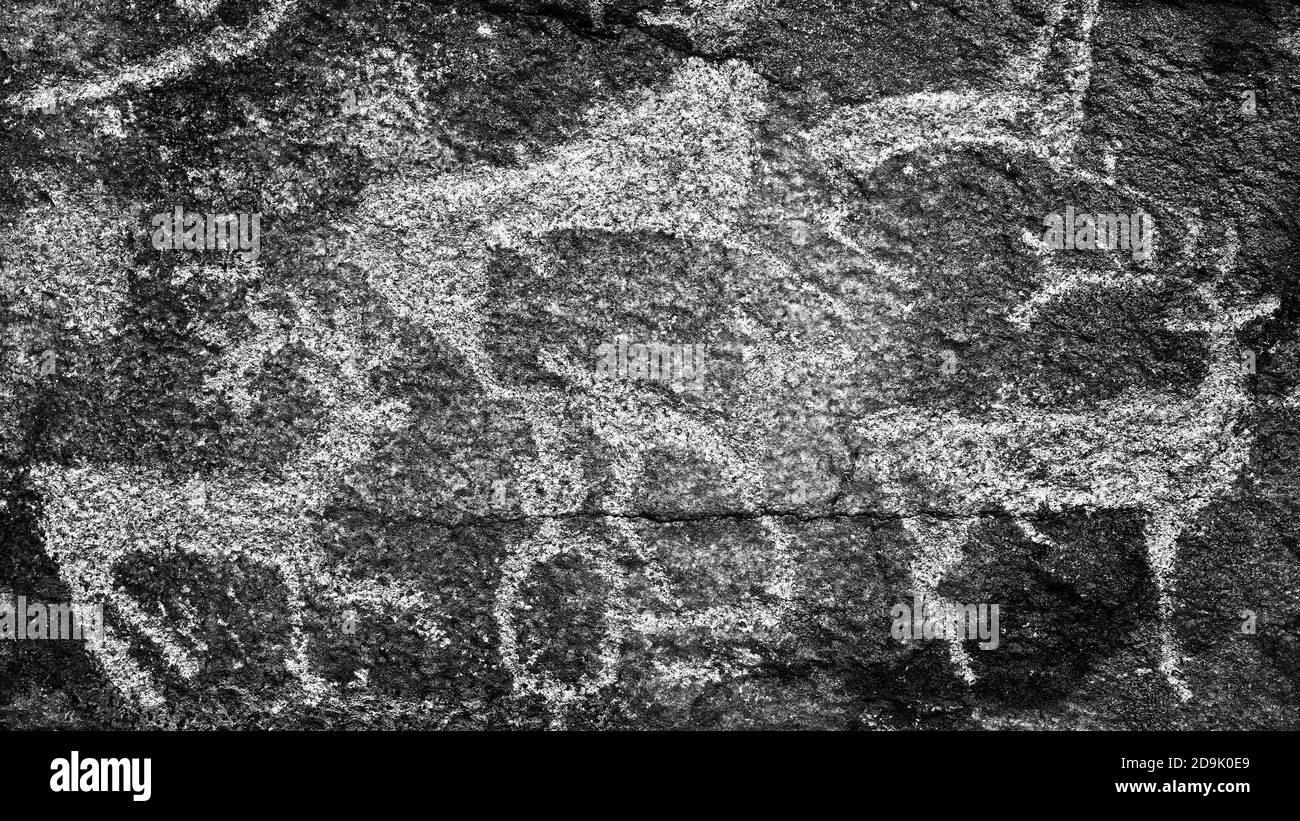 Dipinti rupestri di persone antiche. Immagine di antichi cacciatori con cervi sulle pareti, arte antica, storia, archeologia Foto Stock