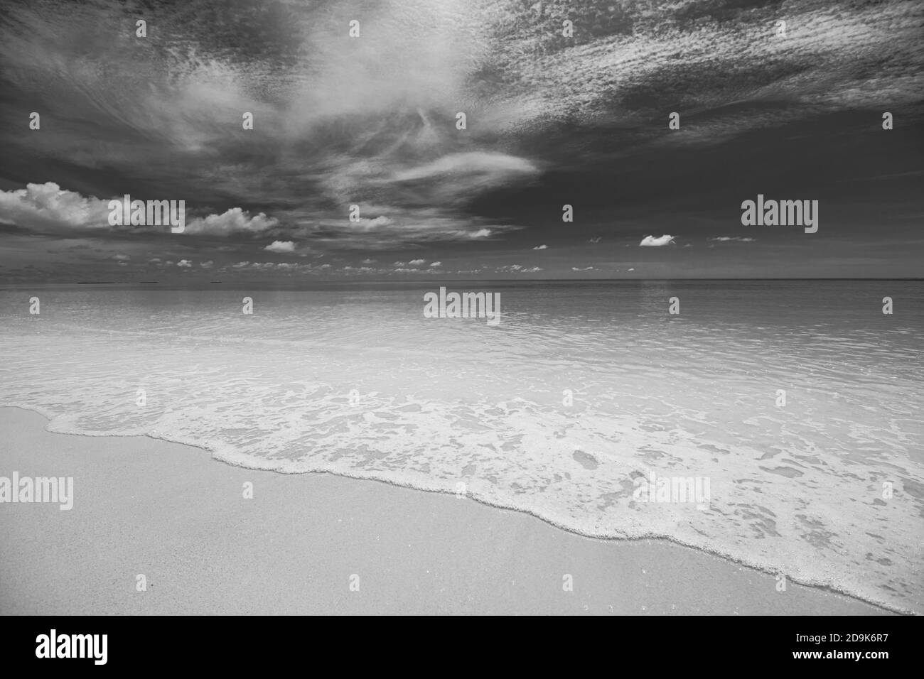 Concetto di cielo di sabbia del mare. Paradiso tropicale dell'isola, vista sulla spiaggia con orizzonte infinito del mare. Tranquillo e rilassante paesaggio naturale, onde che spruzzi surf Foto Stock