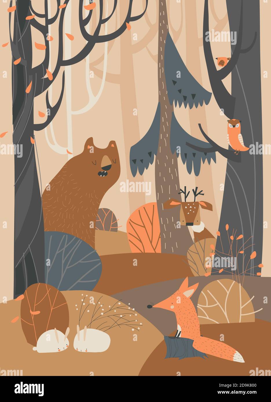 Cartoon animali carini in autunno foresta colorata Illustrazione Vettoriale