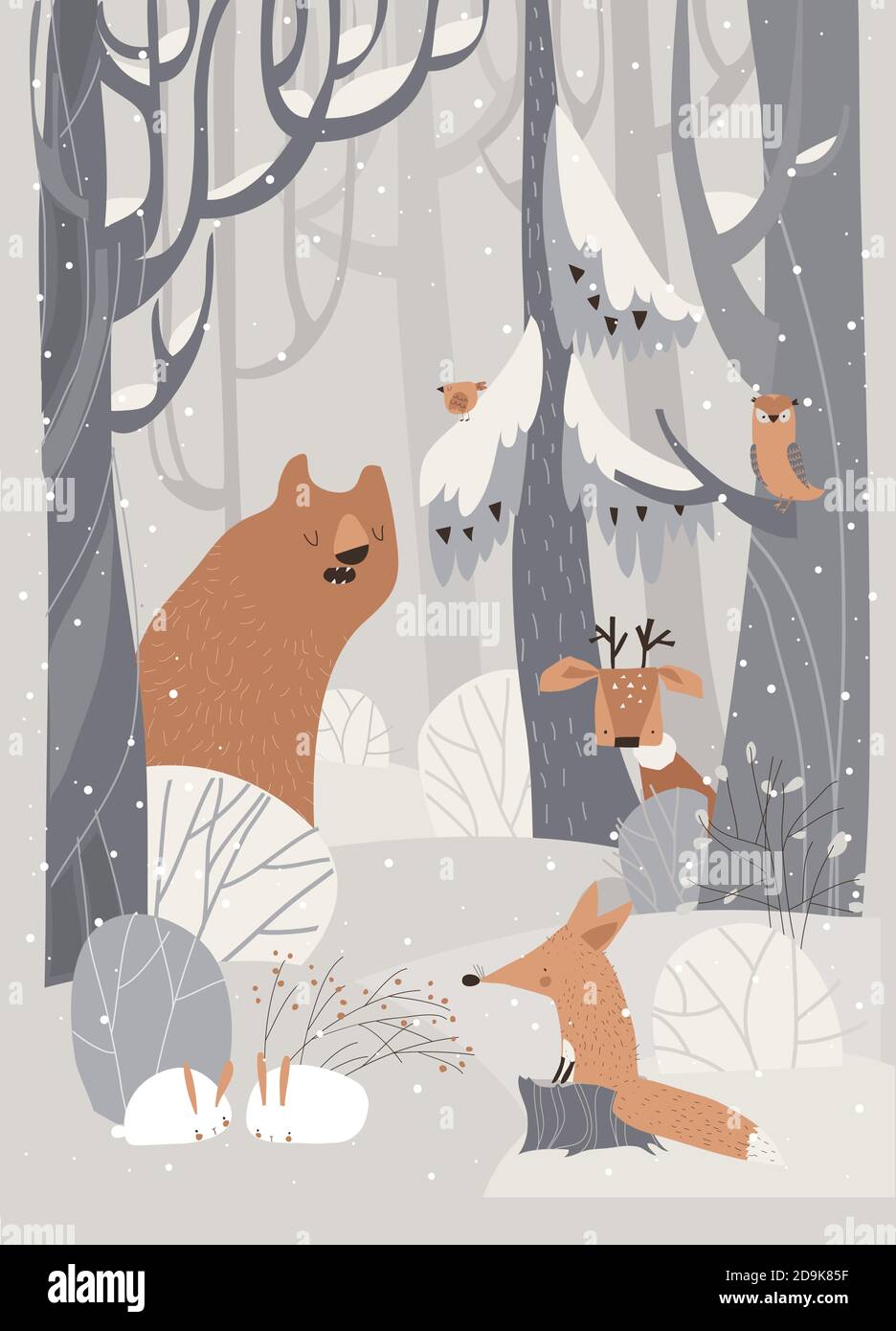 Cartoon animali carini incontro inverno nella foresta Illustrazione Vettoriale