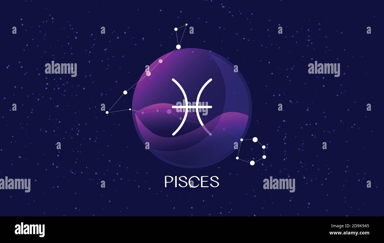 Segno dei Pesci, sfondo zodiaco. Bella e semplice immagine vettoriale della notte, cielo stellato con costellazione zodiacale dei pesci dietro sfera di vetro Illustrazione Vettoriale