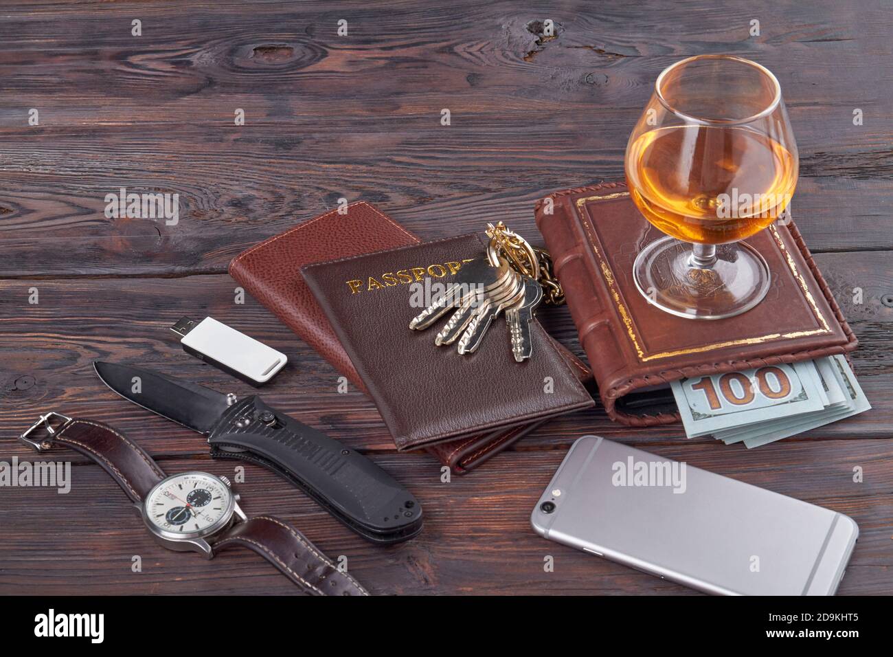 Accessori per uomo d'affari per adulti, vista dall'alto. Foto Stock