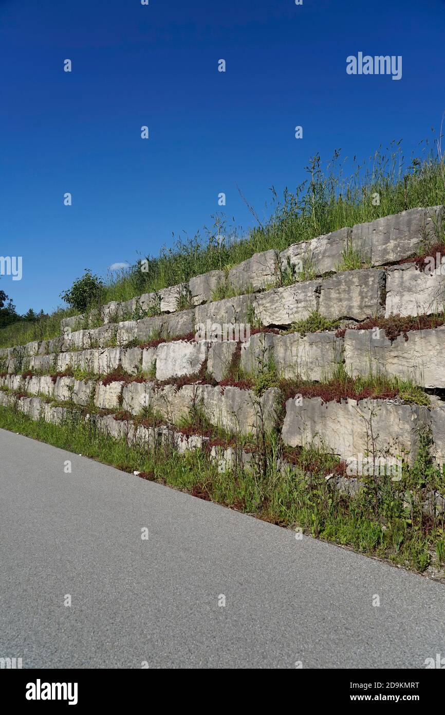 Germania, Baviera, alta Baviera, distretto di Altötting, parete argentata, rinforzo pendenza, blocchi di granito, surcresciuto, accanto ad una strada Foto Stock