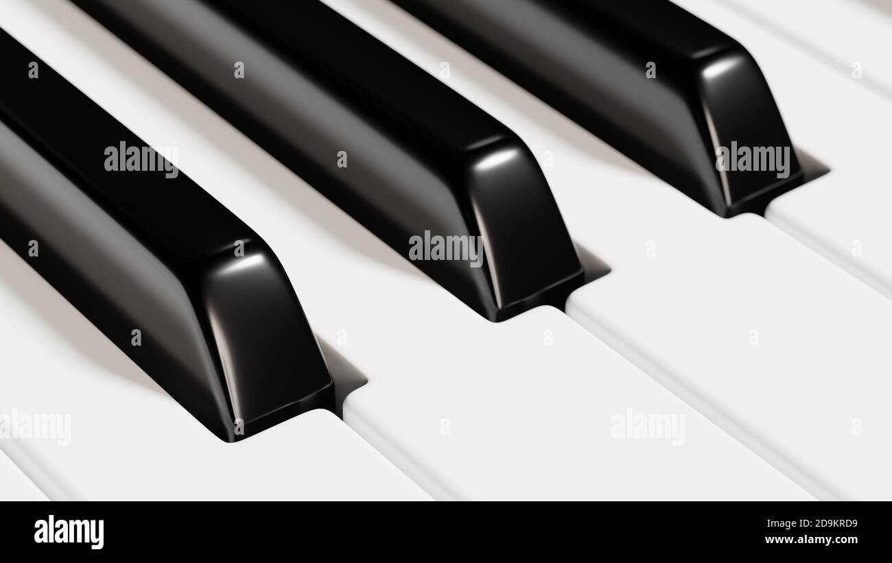 Illustrazione 3D della vista ravvicinata della tastiera del pianoforte Foto Stock