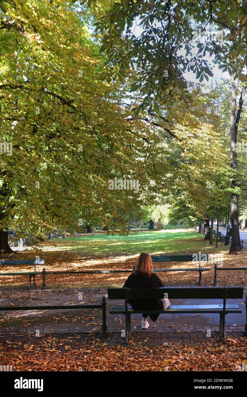 Cracovia. Cracovia. Polonia. Giovane donna rossa seduta sulla panchina del parco guardando gli alberi d'autunno. Foto Stock