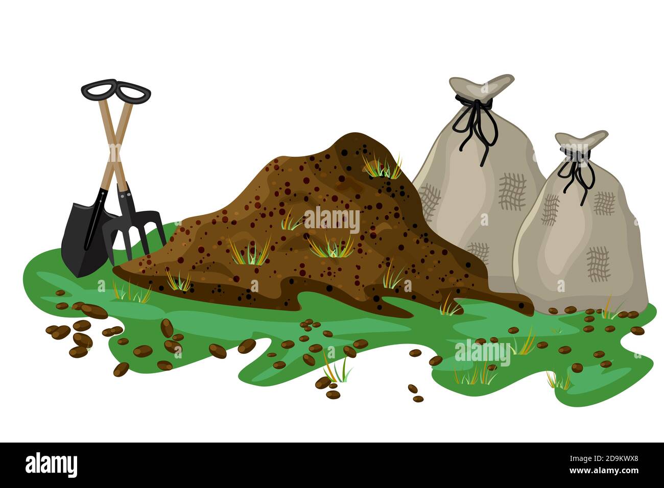 Pila di terreno isolato su sfondo bianco. Forchetta di fieno e pala in un palo di Ground.Heap di fertilizzante, composto, concime e borsa per soil.Zero Waste.Vector Illustrazione Vettoriale