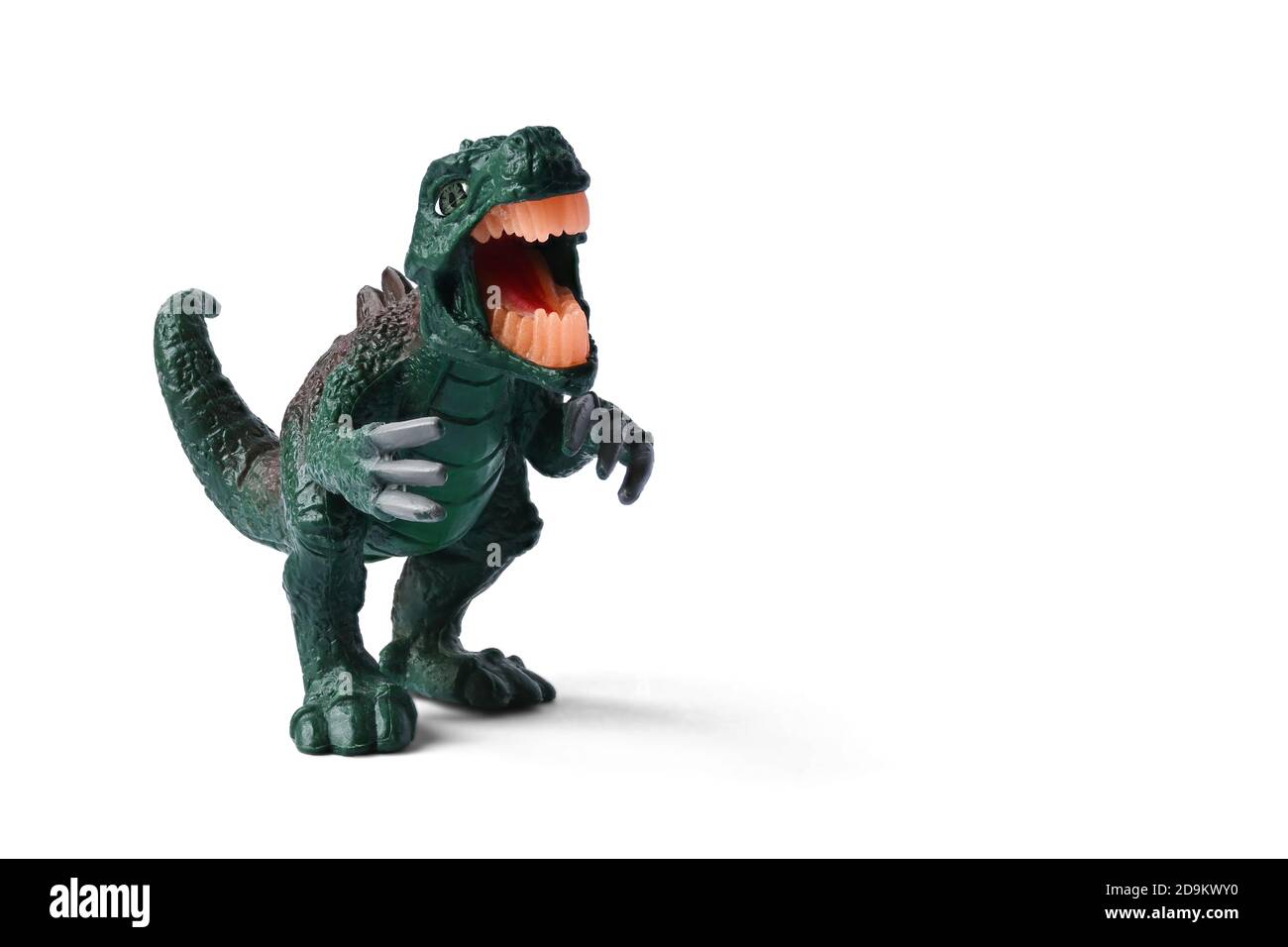 Giocattolo di plastica per dinosauri. Giocattolo per bambini, personaggio animale isolato su sfondo bianco con spazio per la copia. Foto Stock