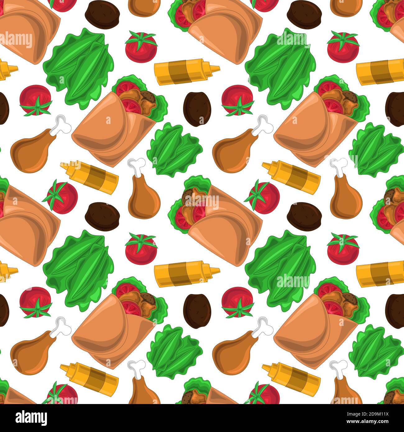 Pattern vettoriale senza cuciture con Shawarma e ingredienti Illustrazione Vettoriale