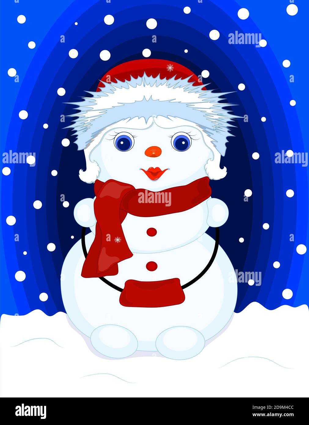 Snowman-una ragazza in un cappello rosso, sciarpa. Blu, fiocchi di neve. Vettore Illustrazione Vettoriale