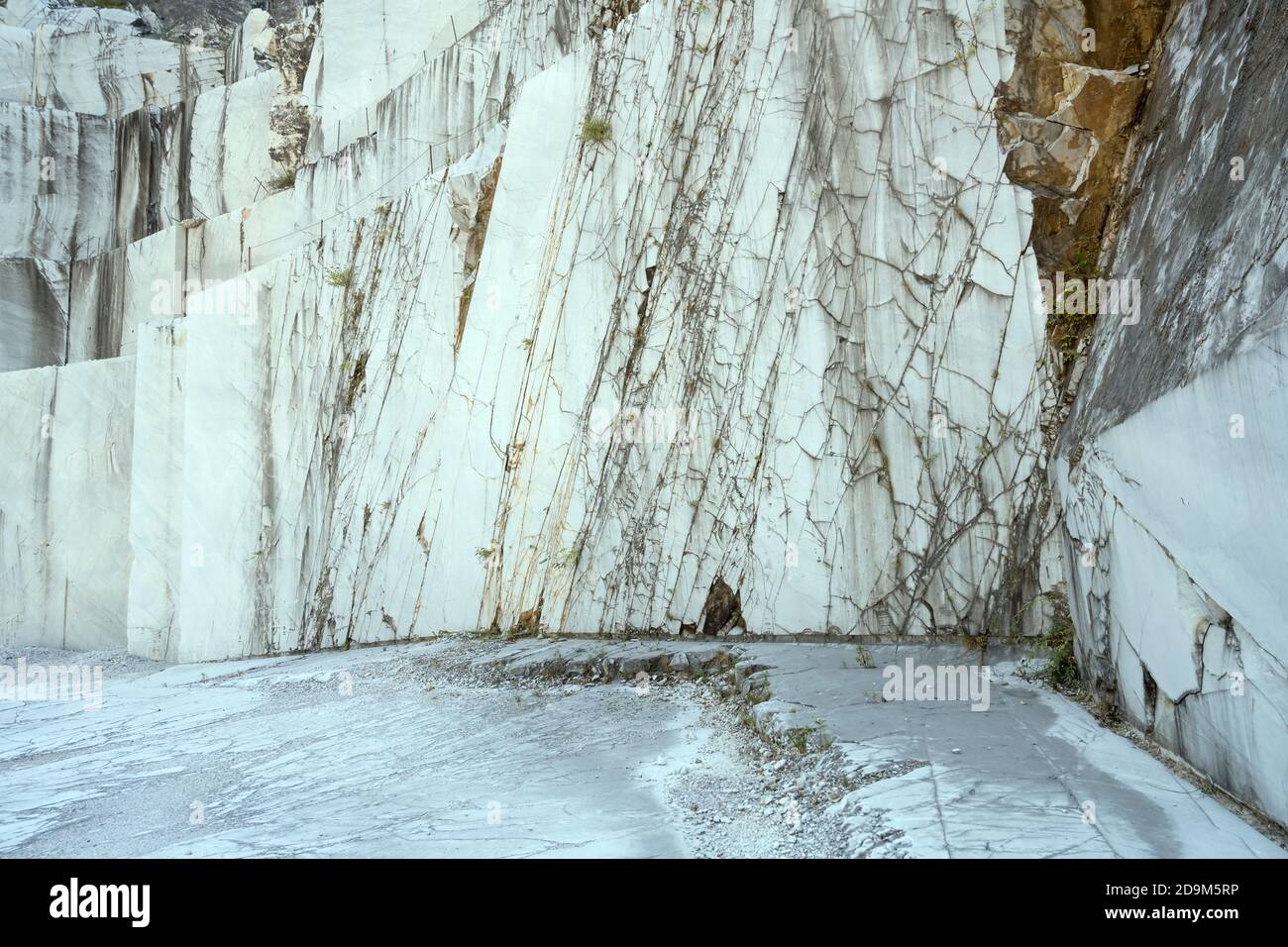 Superficie venata in cava di marmo sulle montagne Apuane, sparata vicino Carrara, Apuane, Toscana, Italia Foto Stock