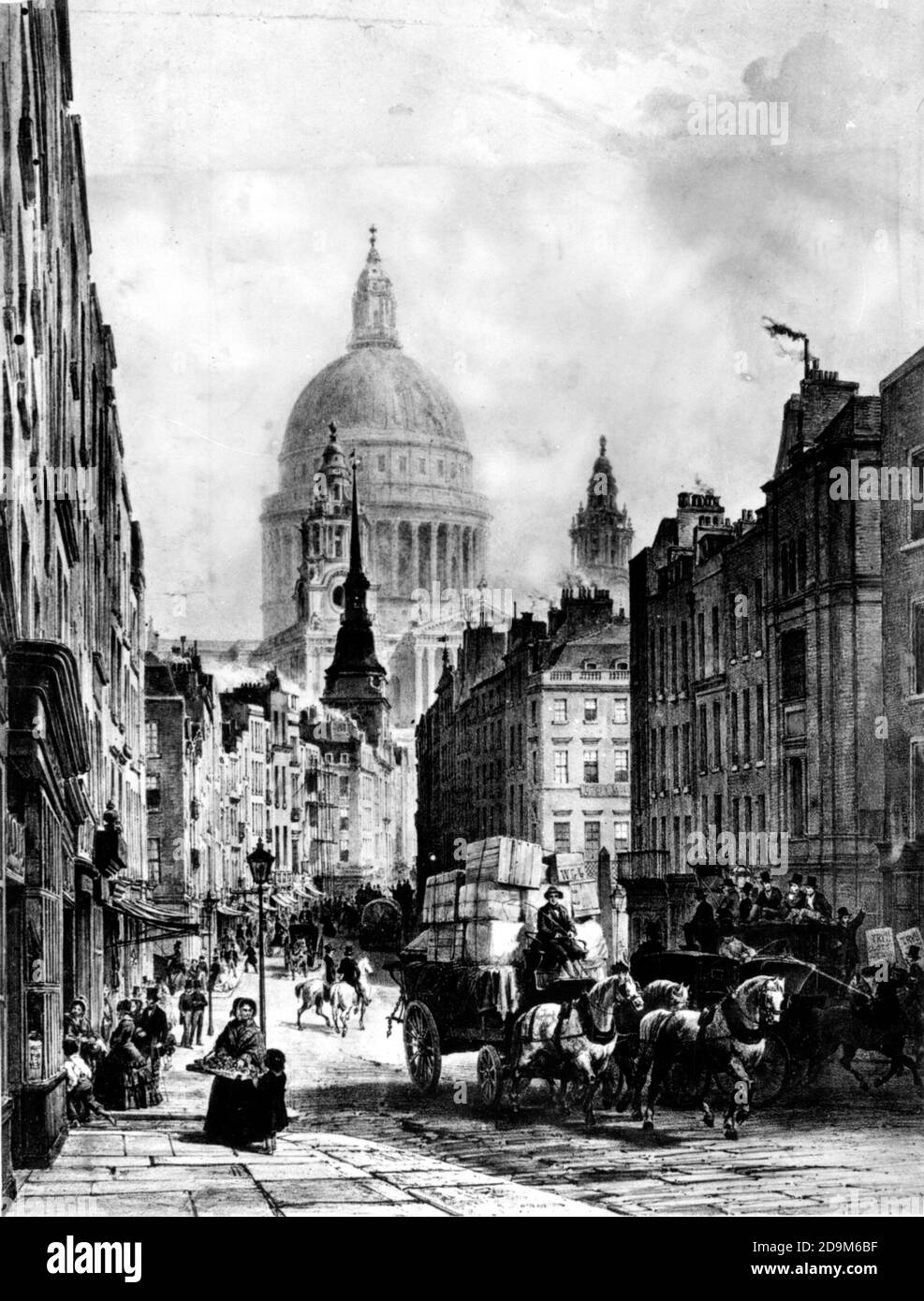 Fleet Street a Londra nel 1850 durante il regno di Regina Vittoria e l'era di Charles Dickens Foto Stock