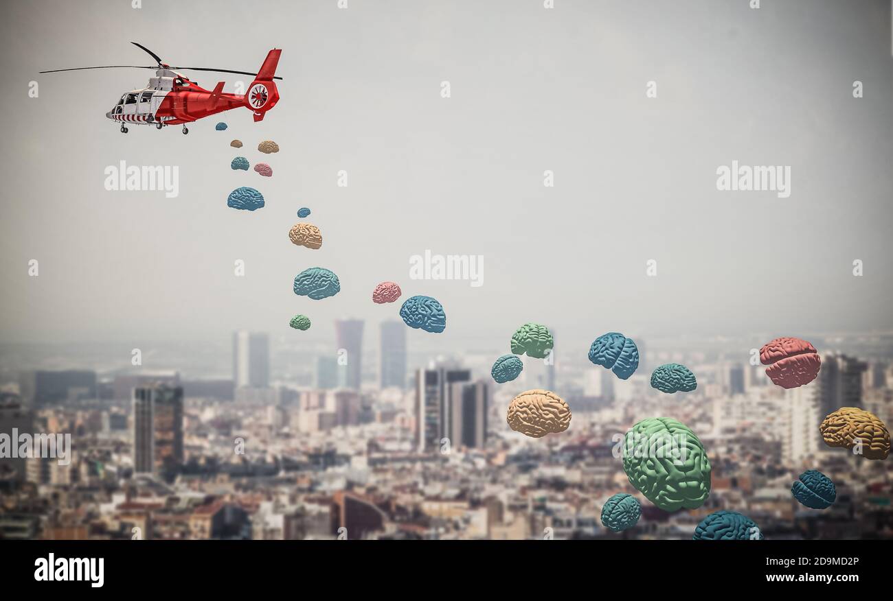 l'elicottero volante dispiega i cervelli sulla città. rendering 3d. nessuno intorno. Foto Stock