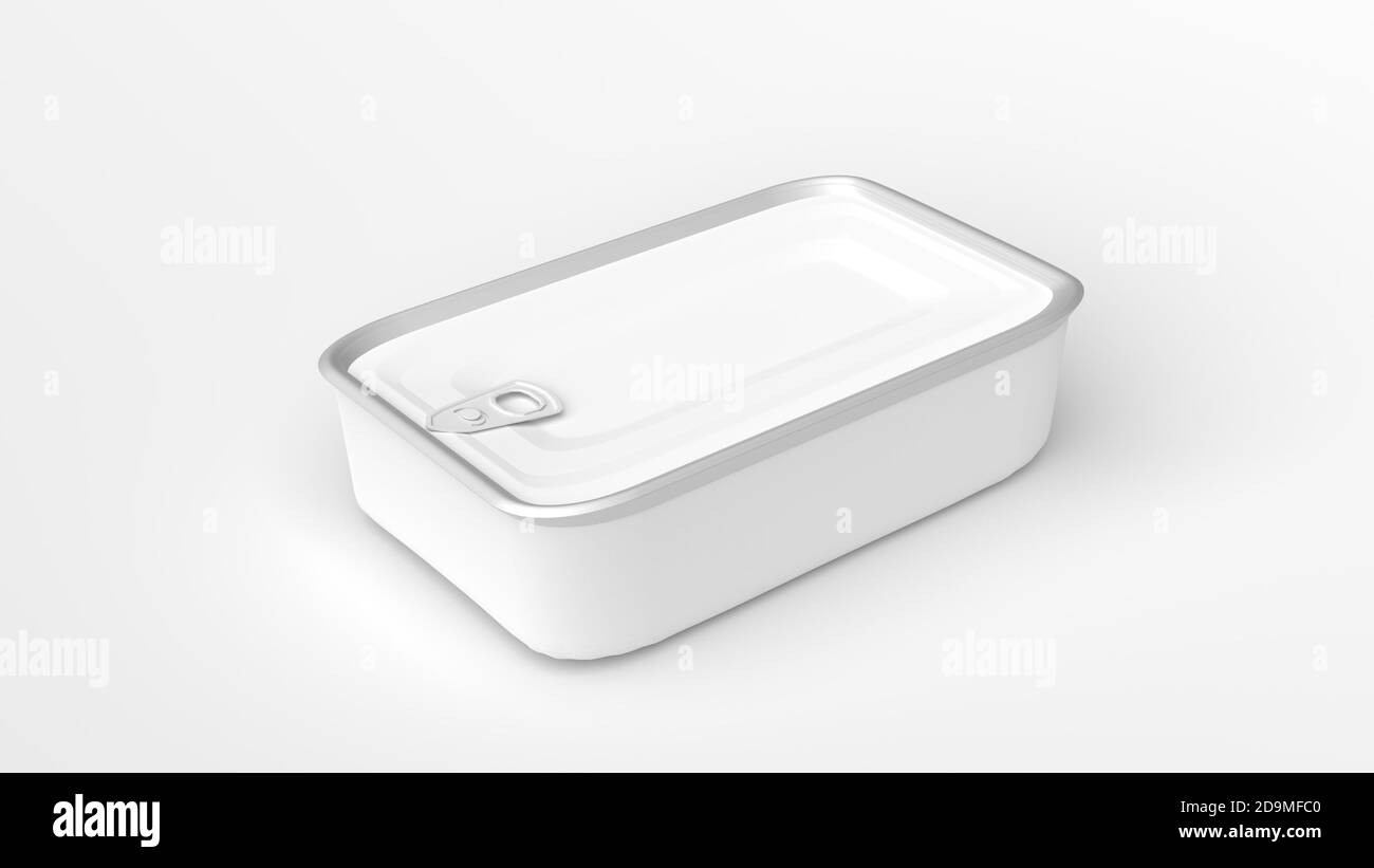 Lattina pesce può con apripista. Cibo mockup template. Pesce può mockup. Foto Stock
