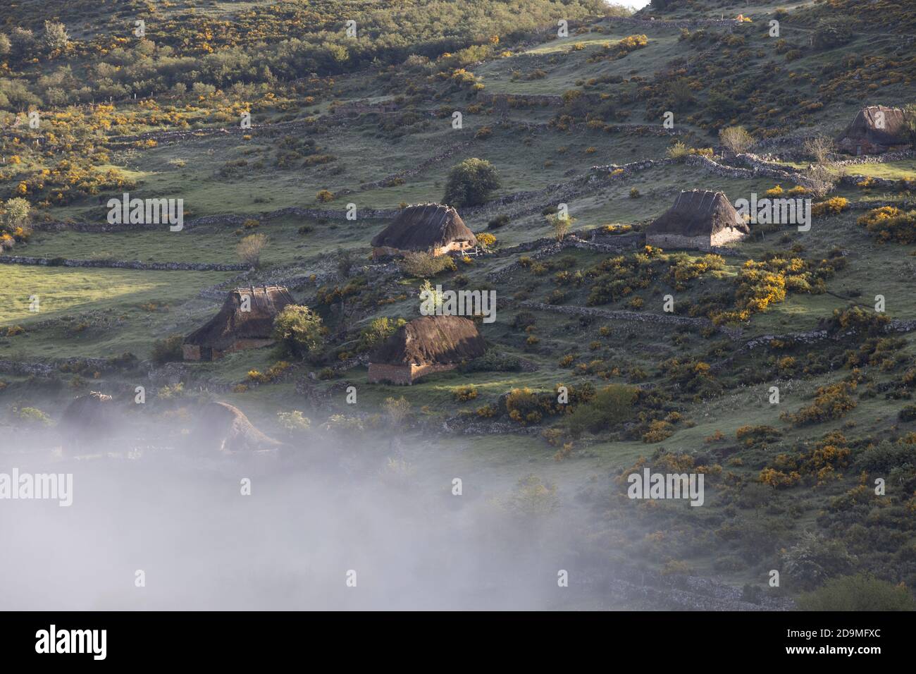 vecchie capanne di pietra e paglia chiamate 'teitos' Foto Stock