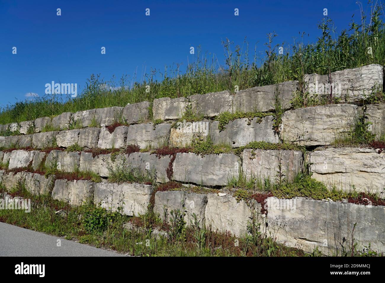 Germania, Baviera, alta Baviera, distretto di Altötting, parete argentata, rinforzo pendenza, blocchi di granito, surcresciuto, accanto ad una strada Foto Stock