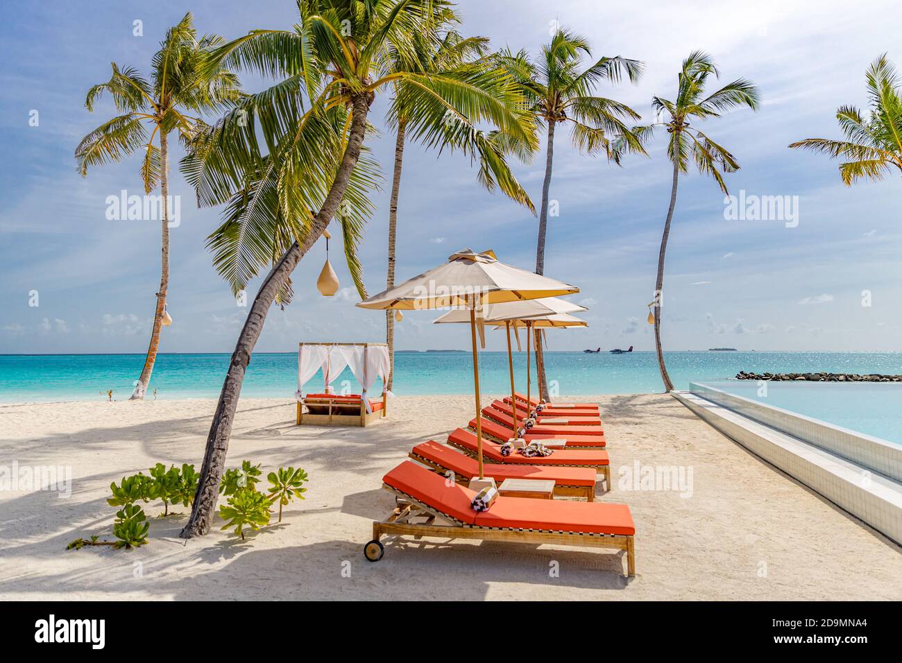Sedie a sdraio, spiaggia di sabbia baldacchino su un'isola tropicale alle Maldive. Palme da cocco e loggia sull'oceano Indiano, lettini e ombrelloni all'ombra Foto Stock